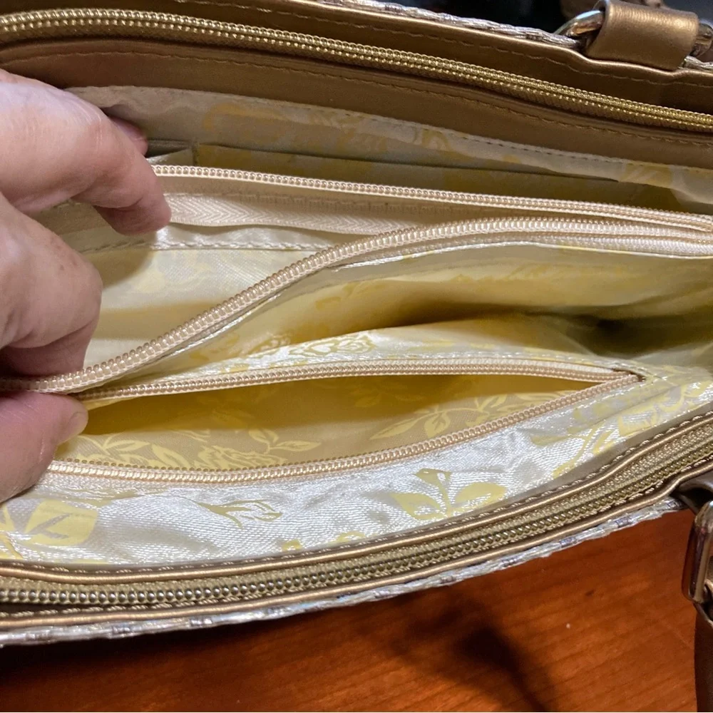 Asian Indian Bright Shiny Embellished Faux Leather Gold Handbag 15 x 9 x 4.5 in